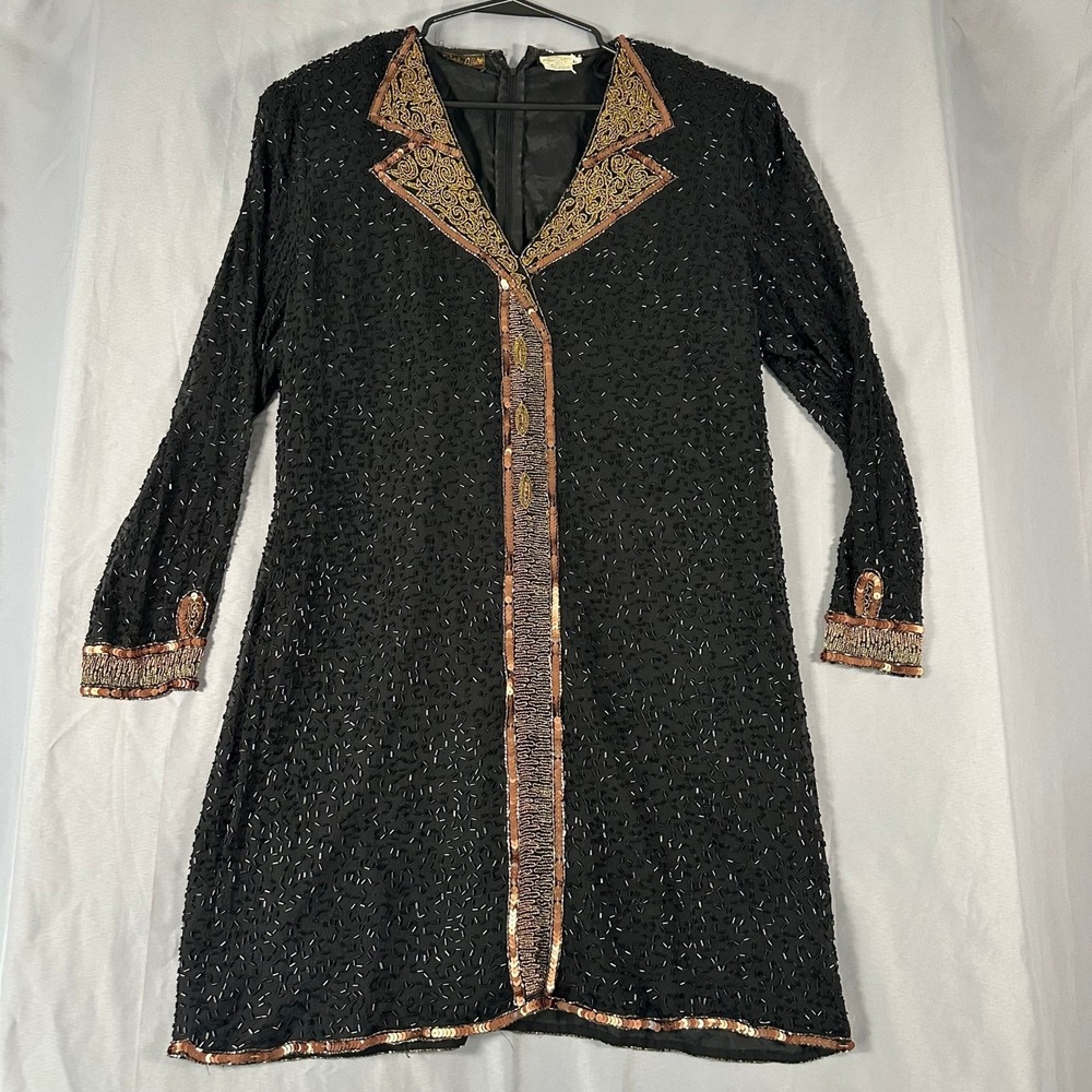 Eve's Allure Beaded Silk Dress Women Large‎ Black Gold Sequin Vintage
